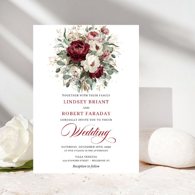 Invitación Romantic Burgundy White Floral Eucalyptus Wedding  (Romantic Burgundy White Floral Eucalyptus Wedding Invite)