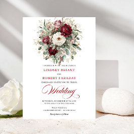Invitación Romantic Burgundy White Floral Gold Wedding Invite