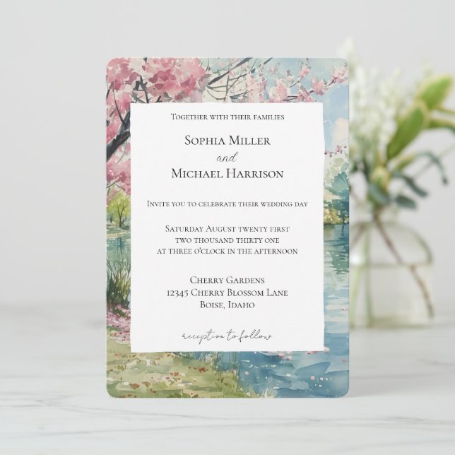 Invitación Romantic Cherry Blossom Floral Lake Wedding (Anverso de pie)