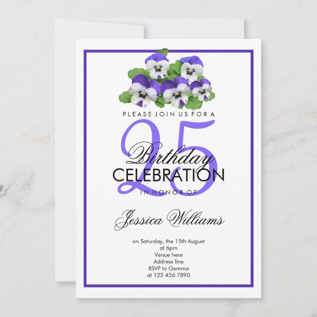 Invitación Romantic Classy Pansies Cumpleaños (Anverso)