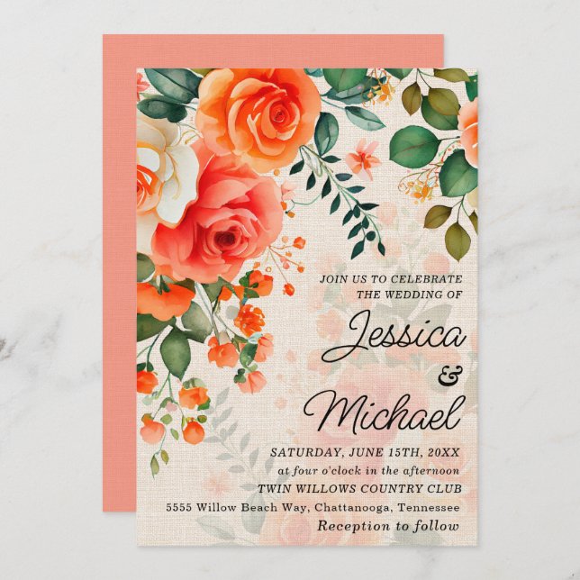 Invitación Romantic Coral Orange Floral  (Anverso / Reverso)