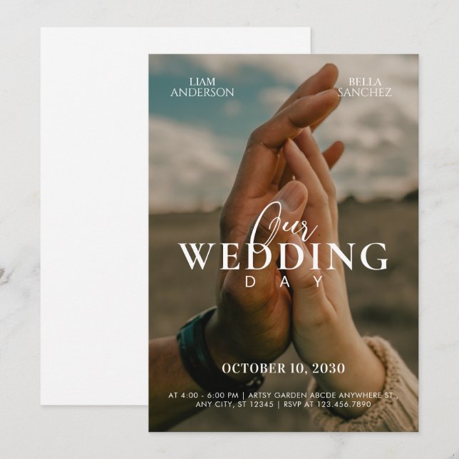 Invitación Romantic couple hands photo wedding (Anverso / Reverso)