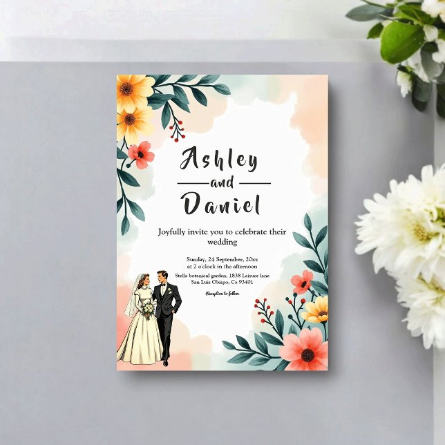 Invitación Romantic Couple Watercolor Floral Summer Wedding (Subido por el creador)