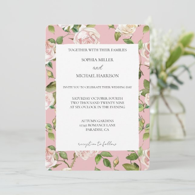 Invitación Romantic Cream Blush Pink Floral Wedding (Anverso de pie)