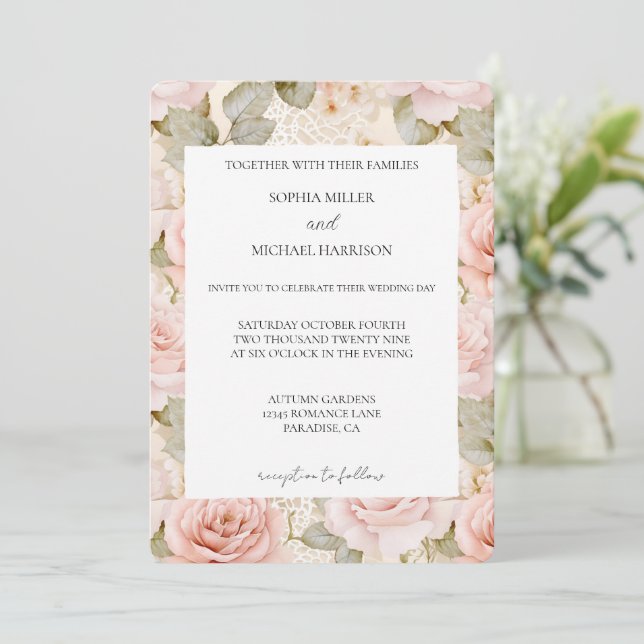 Invitación Romantic Cream Blush Pink Rose Floral Wedding (Anverso de pie)