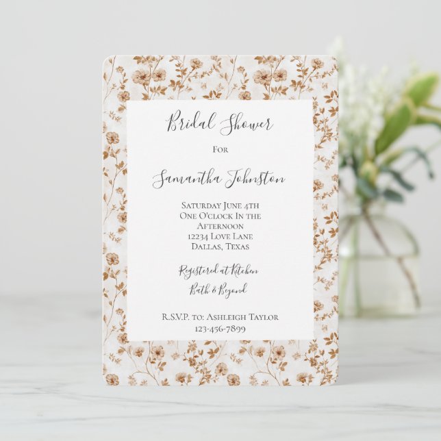 Invitación Romantic Cream Brown Floral Bridal Shower (Anverso de pie)