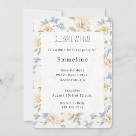 Invitación Romantic Cream Floral Blue Leaves Birthday