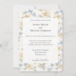 Invitación Romantic Cream Floral Blue Leaves Wedding