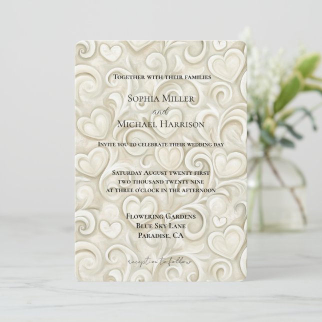 Invitación Romantic Cream Hearts Swirls Wedding (Anverso de pie)
