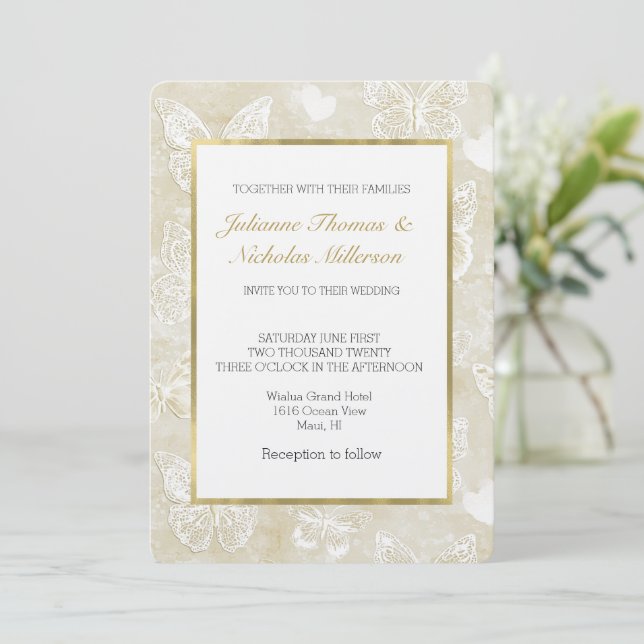 Invitación Romantic Cream Ivory Butterflies Hearts Wedding (Anverso de pie)