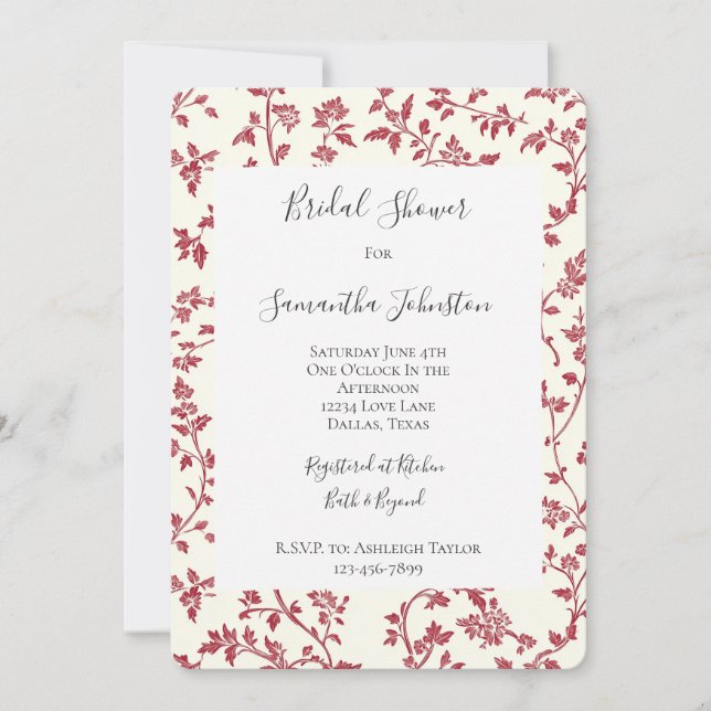 Invitación Romantic Cream Red Leaves Bridal Shower (Anverso)