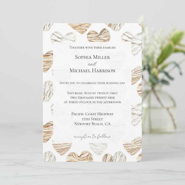 Invitación Romantic Cream White Hearts Wedding (Anverso de pie)