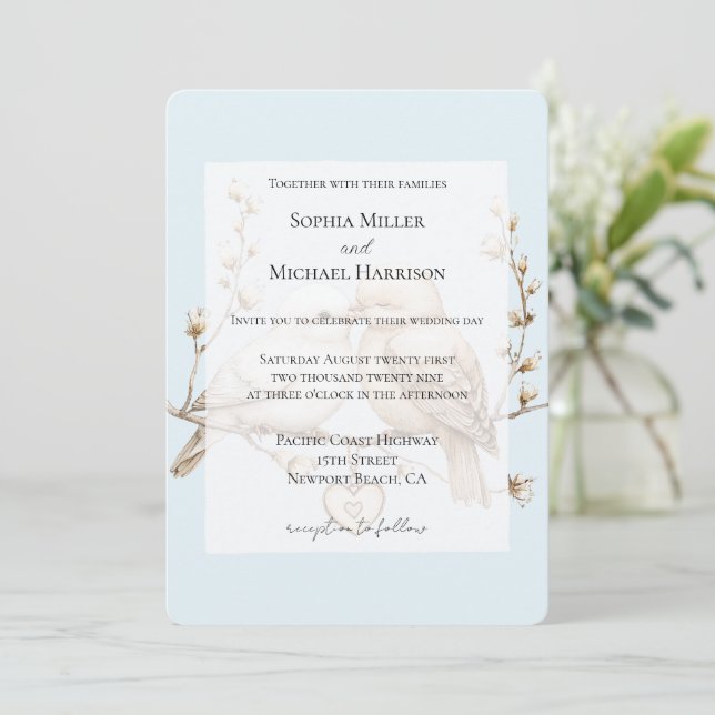 Invitación Romantic Cream White Love Birds Heart Wedding (Anverso de pie)