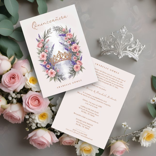 Invitación Romantic Cute Quinceañera Princess Tiara in Bloom (Romantic Cute Quinceañera Princess Tiara in Bloom Garland Invitation Card. )