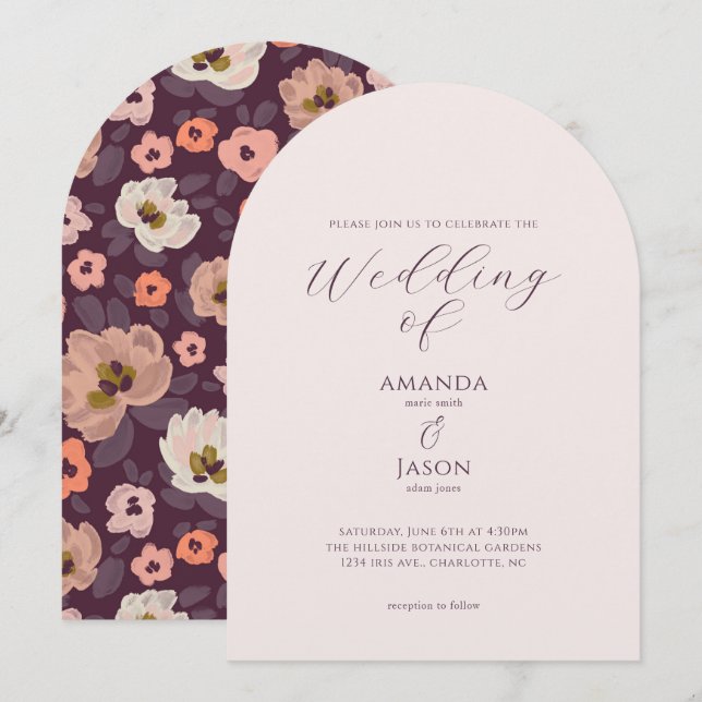 Invitación Romantic dark plum purple fall floral wedding (Anverso / Reverso)