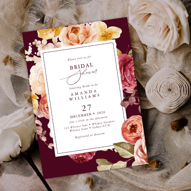 Invitación Romantic Deep Burgundy Floral Bridal Shower (Subido por el creador)
