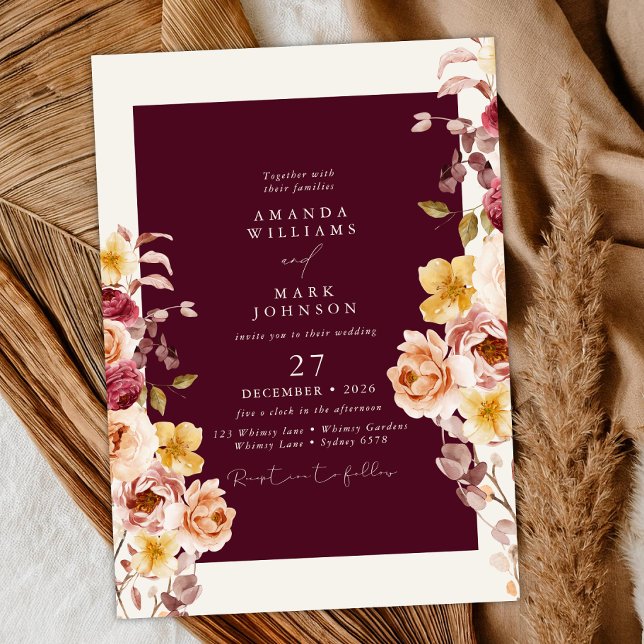 Invitación Romantic Deep Burgundy Floral Elegant Wedding (Subido por el creador)