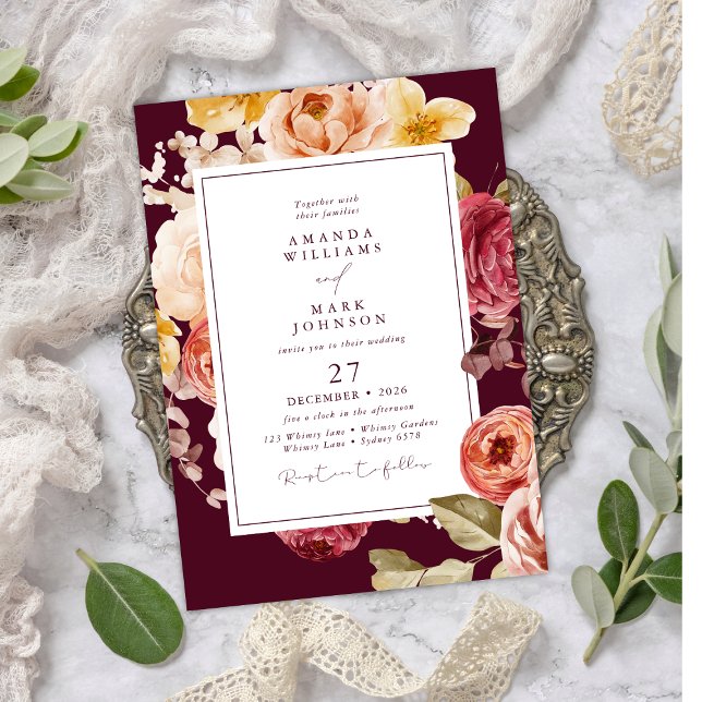 Invitación Romantic Deep Burgundy Floral Elegant Wedding  (Subido por el creador)