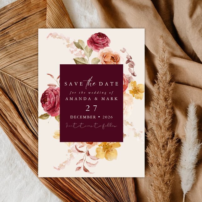 Invitación Romantic Deep Burgundy Floral Save the date  (Subido por el creador)