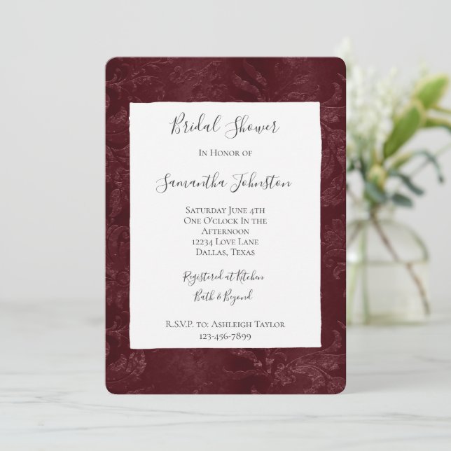 Invitación Romantic Deep Red Burgundy Floral Bridal Shower (Anverso de pie)