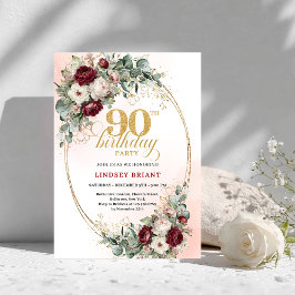 Invitación Romantic Deep Red Floral Gold 90th Birthday Invite