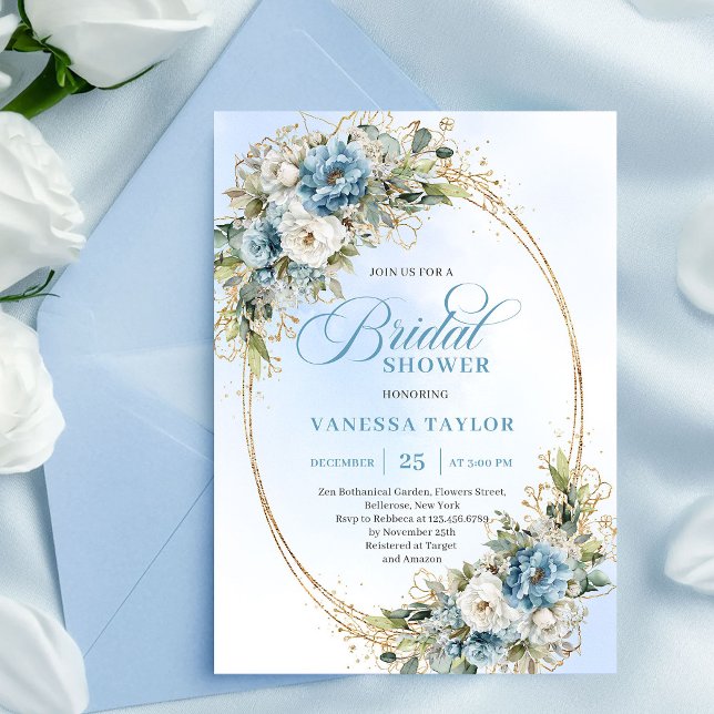 Invitación Romantic Dusty Blue Floral Eucalyptus Bridal Showe (Romantic Dusty Blue Floral Eucalyptus Bridal Shower Invite)