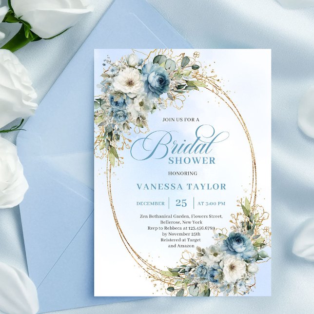 Invitación Romantic Dusty Blue Floral Gold Frame Bridal Showe (Romantic Dusty Blue Floral Gold Frame Bridal Shower Invite)