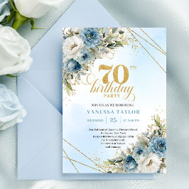 Invitación Romantic dusty blue florals gold frame 70 birthday