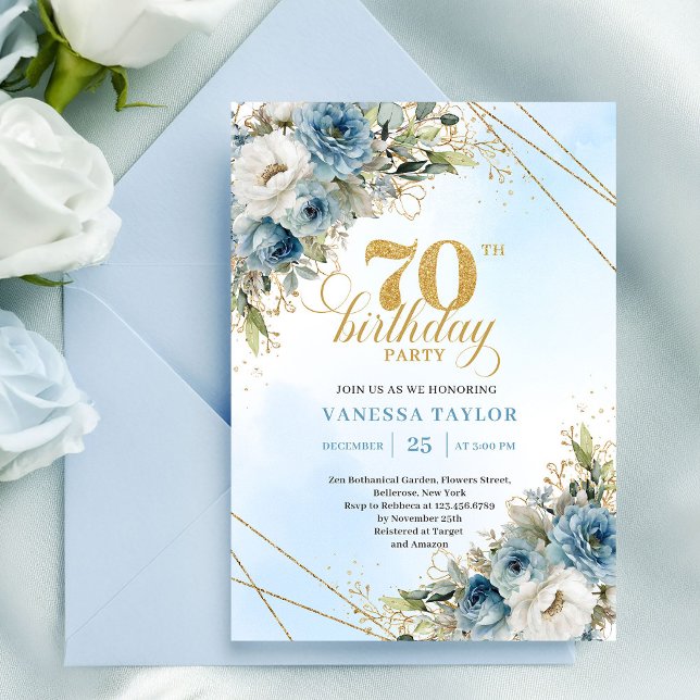 Invitación Romantic dusty blue florals gold frame 70 birthday (Romantic dusty blue florals gold frame 70th birthday

)