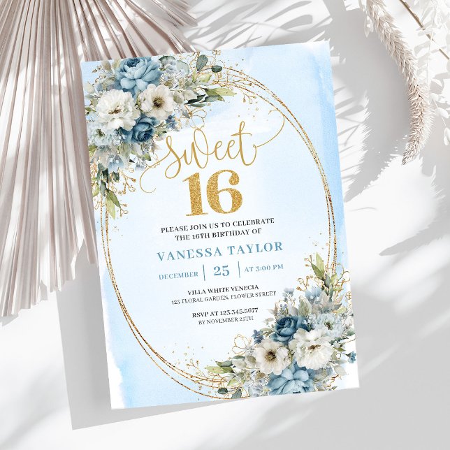 Invitación Romantic Dusty Blue Flowers Sweet Sixteen Invites (Romantic Dusty Blue Flowers Sweet Sixteen Invitation)