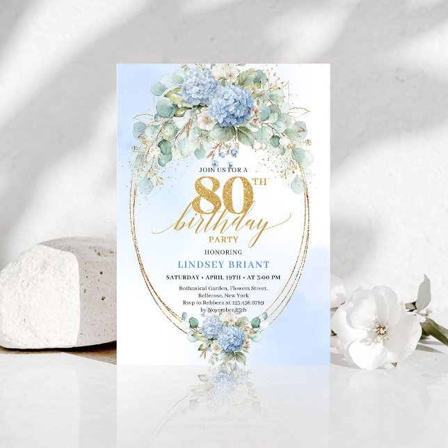 Invitación Romantic Dusty Blue Garden 80th Birthday Invite (Romantic Dusty Blue Garden 80th Birthday Invitation)