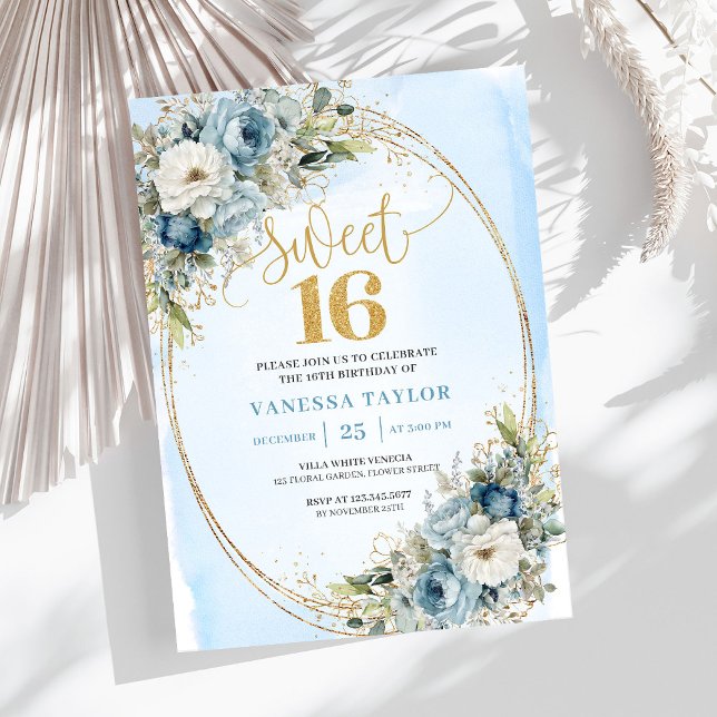Invitación Romantic Dusty Blue Greenery Sweet Sixteen Invite (Romantic Dusty Blue Greenery Sweet Sixteen Invite)