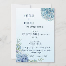 Invitación Romantic Dusty Blue Hydrangea Watercolor Wedding 