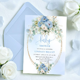Invitación Romantic Dusty Blue Peonies Eucalyptus Gold Shower