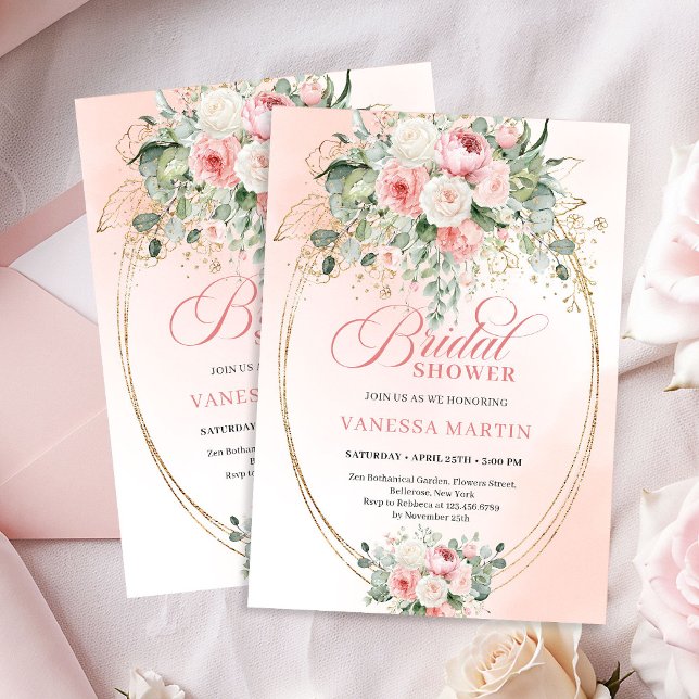 Invitación Romantic Dusty Rose Eucalyptus Gold Bridal Shower (Romantic Dusty Rose Eucalyptus Bridal Shower Invitation)