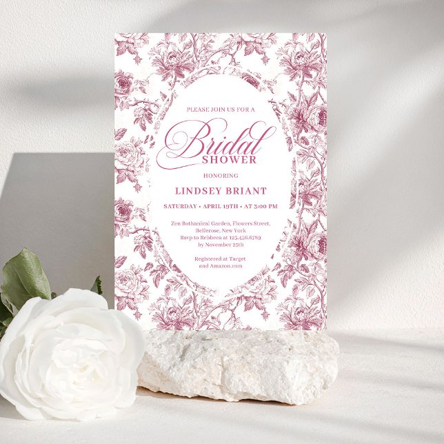 Invitación Romantic Dusty Rose Floral Toile Bridal Shower  (Romantic Dusty Rose Floral Toile Bridal Shower Invite)