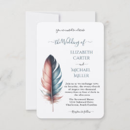 Invitación Romantic Dusty Rose Teal Feather  Wedding