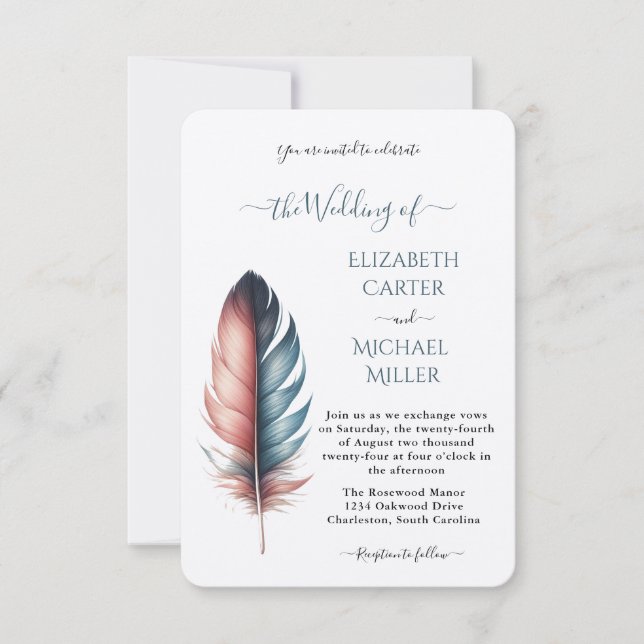 Invitación Romantic Dusty Rose Teal Feather  Wedding (Anverso)