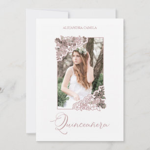 Invitación Romantic Fake Rose Gold Floral Frame Photo XV años