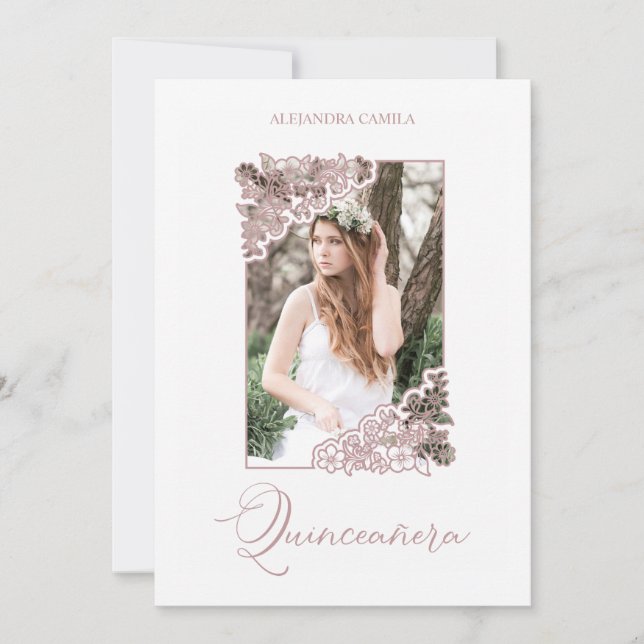 Invitación Romantic Fake Rose Gold Floral Frame Photo XV años (Anverso)