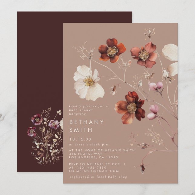 Invitación Romantic Fall Taupe Wildflower Baby Shower (Anverso / Reverso)