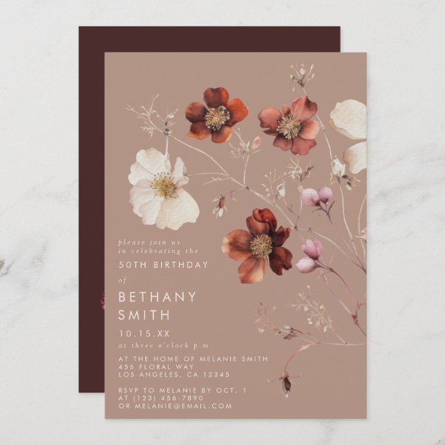Invitación Romantic Fall Taupe Wildflower Birday Party (Anverso / Reverso)