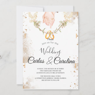 Invitación Romantic Floral Wedding Invitation with Gold Rings