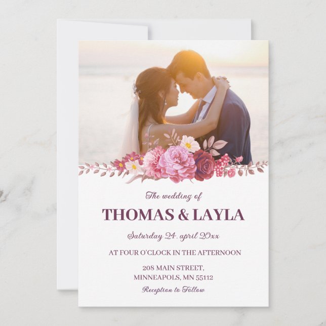 Invitación Romantic Floral Wedding Invitation with Photo (Anverso)