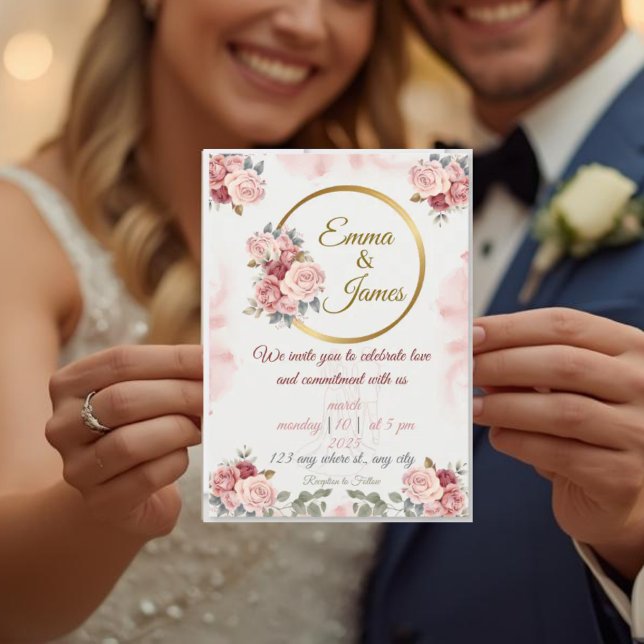 Invitación Romantic Floral Wedding Invite | Blush & Gold Rose (Subido por el creador)