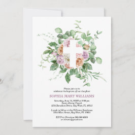 Invitación Romantic Flowers & White Cross Girl Baptism