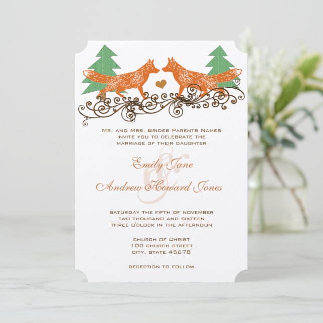 Invitación Romantic Forest Grove Foxes Woodsy Boda (Anverso de pie)