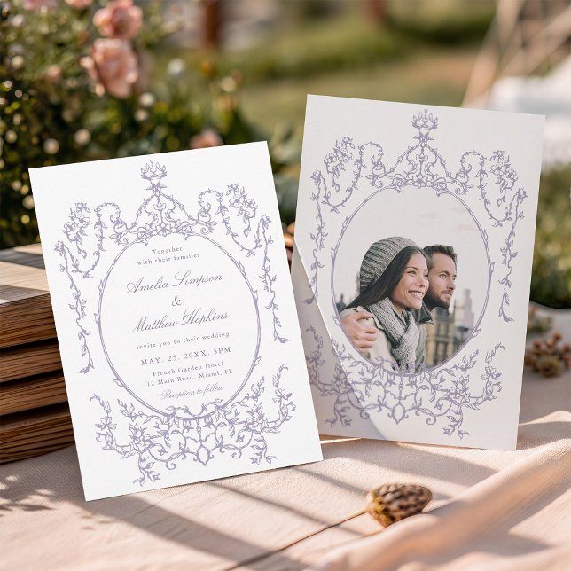 Invitación Romantic French Frame Lavender Wedding Photo (Front & Back)