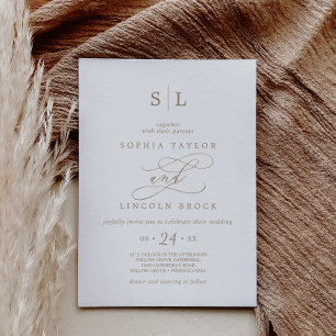 Invitación Romantic Gold Calligraphy Monogram Wedding