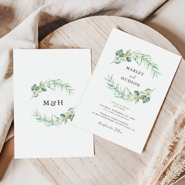 Invitación Romantic Greenery Wreath monogram Wedding (Subido por el creador)